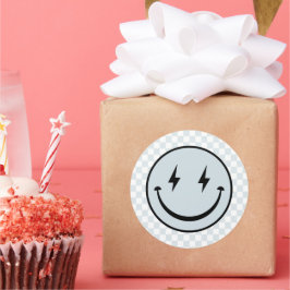 Happy Face Groovy Blue Karo Boy Birthday Runder Aufkleber