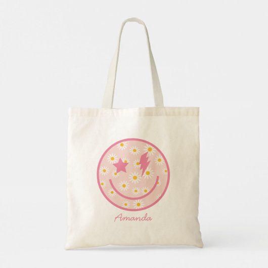 Happy Face Pastel Pink Daisy Tote Beutel für sie Tragetasche (Rückseite)