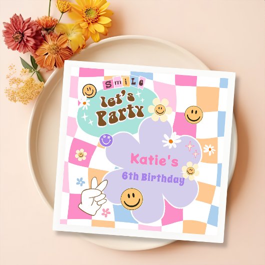 Happy Face Smile Groovy Checkered Geburtstag Serviette