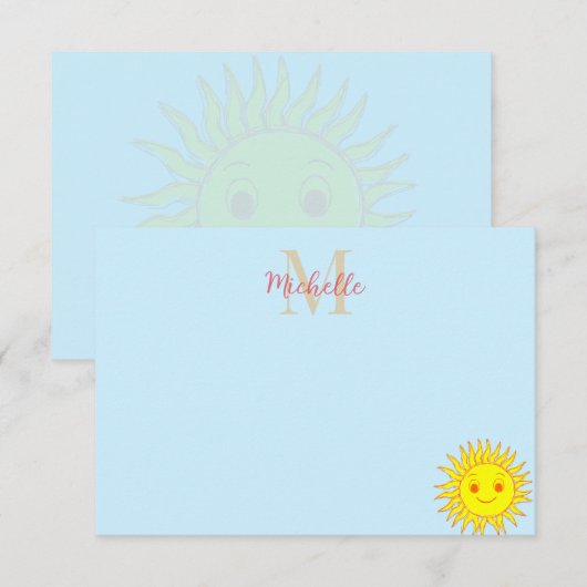 Happy Face Sunshine Monogram Personalized Mitteilungskarte (Vorne/Hinten)