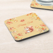 Happy Fall Eichhörnchen in Blätter Getränkeuntersetzer (Linke Seite)