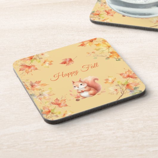 Happy Fall Eichhörnchen in Blätter Getränkeuntersetzer (Linke Seite)