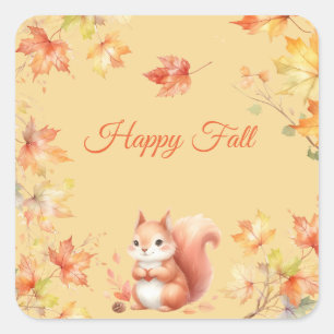 Happy Fall Eichhörnchen in Blätter Quadratischer Aufkleber