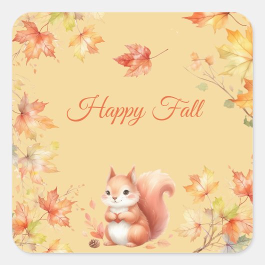 Happy Fall Eichhörnchen in Blätter Quadratischer Aufkleber (Vorderseite)