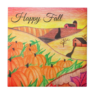 Happy Fall Harvest Folk Art Tile Fliese