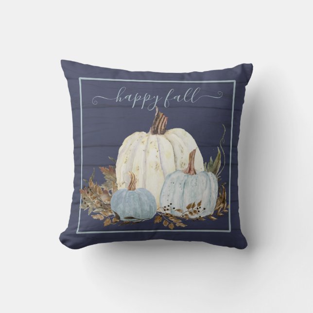Happy Fall Navy Blue White Pumpkins Rustic Wood Kissen (Vorderseite)