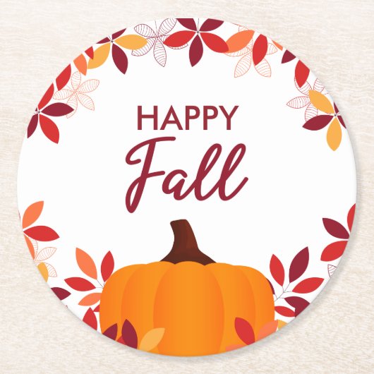 Happy Fall Niedliche Blätter Pumpkin Rahmen Runder Pappuntersetzer (Vorderseite)