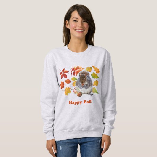 Happy Fall Orange Blätter und Eichhörnchen Saison Sweatshirt (Vorne ganz)
