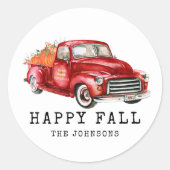 Happy Fall Red Truck Pumpkins Runder Aufkleber (Vorderseite)