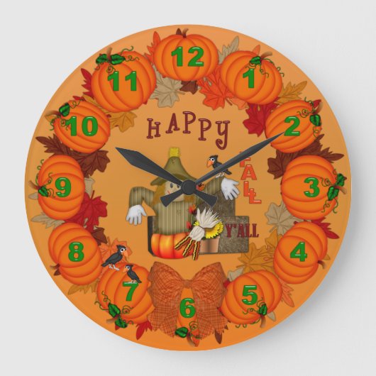 Happy Fall Scarecrow Pumpkins Round Wall Clock Große Wanduhr (Vorderseite)