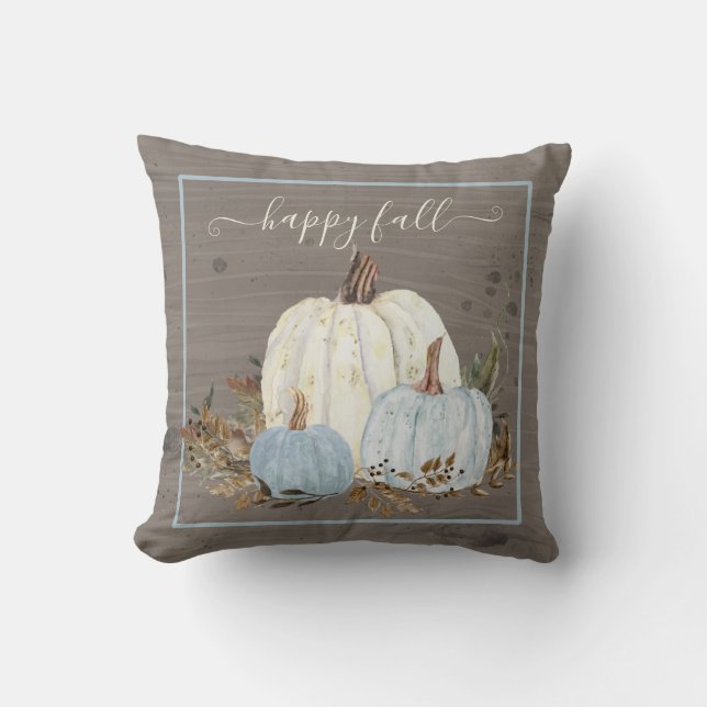 Happy Fall Script Blue White Pumpkin Rustic Blätte Kissen (Vorderseite)