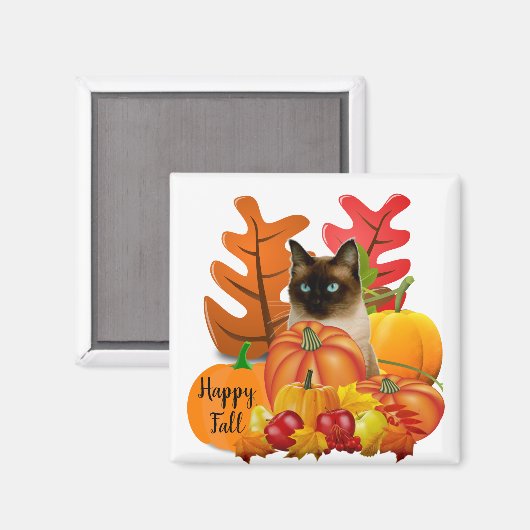 Happy Fall Siamese Cat in Pumpkin Patch Kühlschran Magnet (Vorderseite/Rückseite)