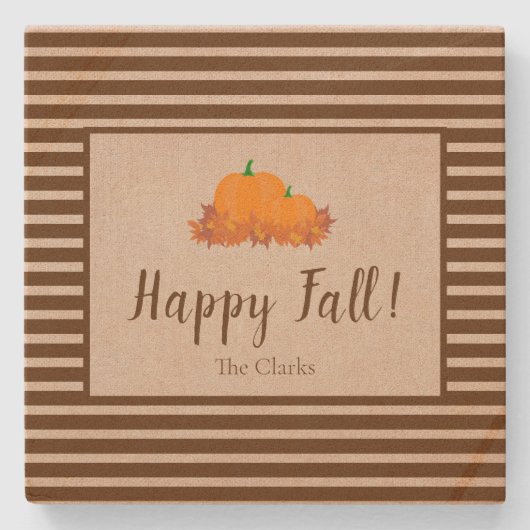 Happy Fall Striped Familie Nachname Pumpkin Steinuntersetzer (Vorderseite)