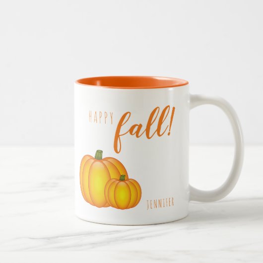 Happy Fall Text und Pumpkins personalisierbare Nam Zweifarbige Tasse (Rechts)