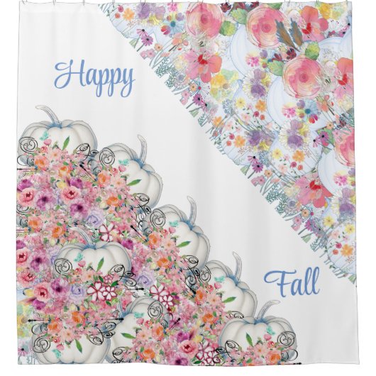 Happy Fall White Pumpkin Wasserfarbe Blumenblüten Duschvorhang (Vorderseite)