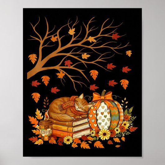Happy Fall Y'all Floral Pumpkin Autumn Coffee Cat Poster (Vorne)