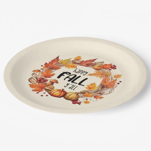 Happy Fall Y'all - Kürbis und Herbst verlassen Kra Pappteller (Schrägansicht)