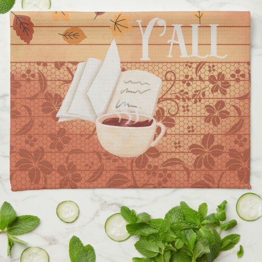 Happy Fall Y'all mit Kaffee und Herbst Blätter Geschirrtuch (Gefaltet)
