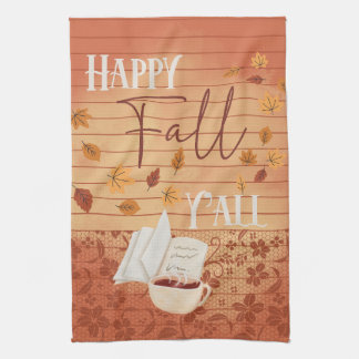 Happy Fall Y'all mit Kaffee und Herbst Blätter Geschirrtuch