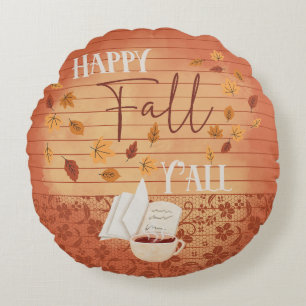 Happy Fall Y'all mit Kaffee und Herbst Blätter Rundes Kissen
