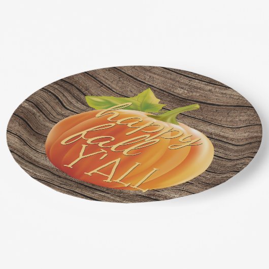 Happy Fall Y'all Orange Pumpkin on Planks Muster Pappteller (Schrägansicht)