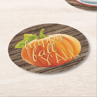 Happy Fall Y'all Orange Pumpkin on Planks Muster Runder Pappuntersetzer