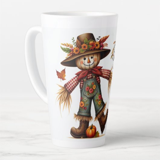 Happy Fall Ya'll Scarecrow und Herbstblätter Milchtasse (Linke Ecke)