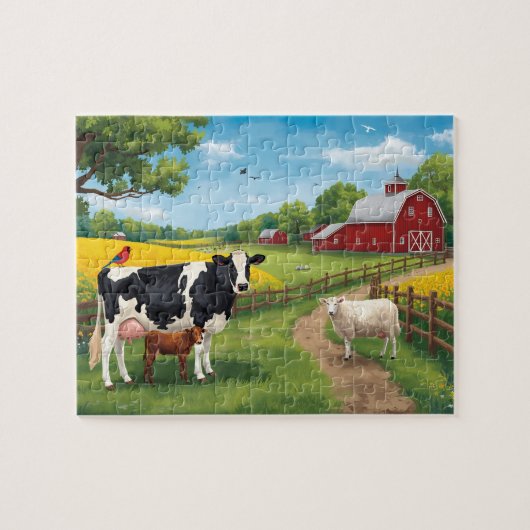 Happy Farm Animals Red Barn Rural Scene Puzzle (Horizontal)