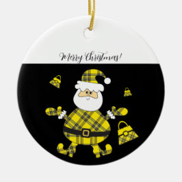 Happy Fashion Yellow Tartan Santa Keramik Ornament