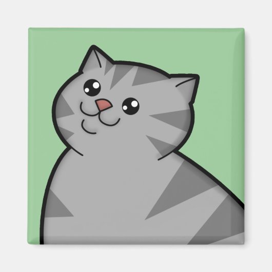 Happy Fat Silver Tabby Cat Square Magnet (Vorne)