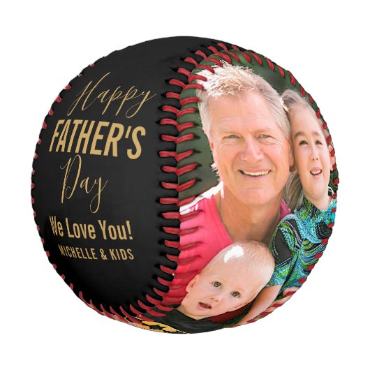 Happy Father's Day Family Foto Goldener Skriptname Baseball (Schrägansicht)