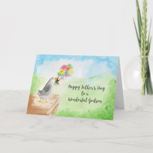 Happy Father's Day Godson, Watercolor Bird, Flower Karte (Vorderseite)