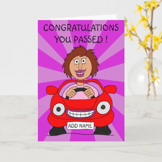 Happy Female Driver Just Passed Driving Test Karte (Gelbe Blume)