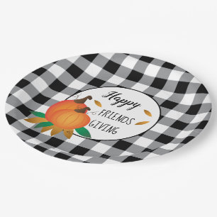Happy Firendsgiving Erntedank Black Kariert Pappteller