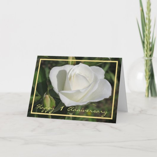 Happy First Anniversary White Rose Elegant Cursive Karte (Vorderseite)