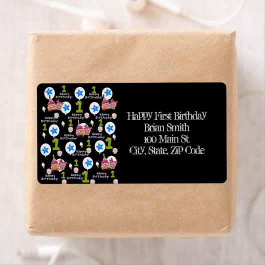 Happy First Birthday Address Labels, Black (Insitu)