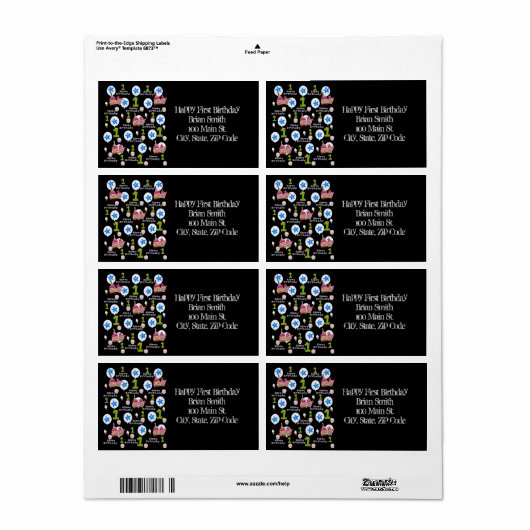 Happy First Birthday Address Labels, Black (Vorne)