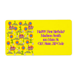 Happy First Birthday Address Labels, gelb