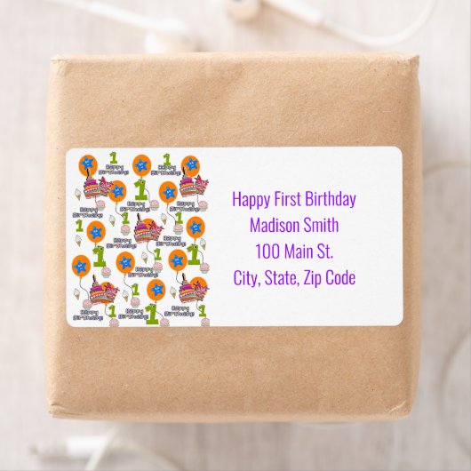 Happy First Birthday Address Labels, White (Insitu)