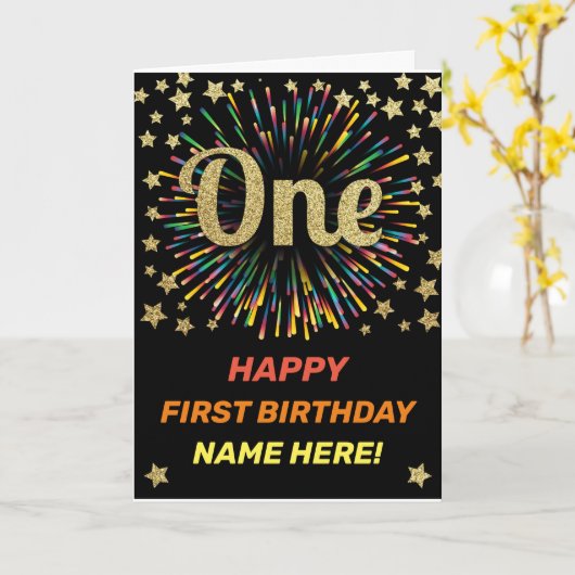 Happy First Birthday Black & Gold Rainbow Firework Karte (Gelbe Blume)
