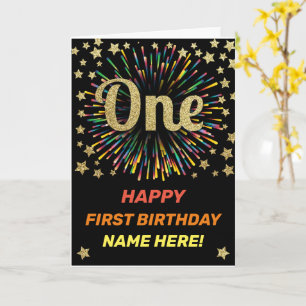 Happy First Birthday Black & Gold Rainbow Firework Karte