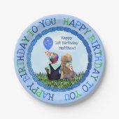 Happy First Birthday Boy and Dog Pappteller (Vorderseite)