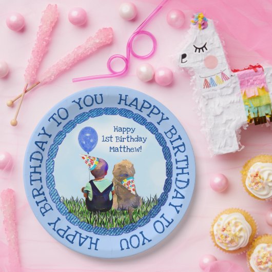 Happy First Birthday Boy and Dog Pappteller (Party)