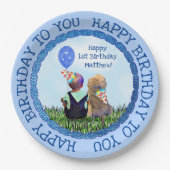 Happy First Birthday Boy and Dog Pappteller (Vorderseite)