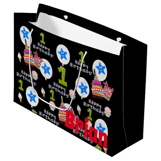 Happy First Birthday Geschenktasche #1 Black Große Geschenktüte (Vorderseite Schrägansicht)