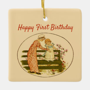 Happy First Birthday mit süßem Kleinkind und Mutte Keramikornament