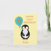 Happy First Birthday niedlich Pinguin mit Ballon Karte (Vorderseite)