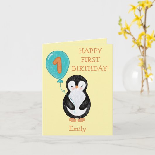 Happy First Birthday niedlich Pinguin mit Ballon Karte (Gelbe Blume)