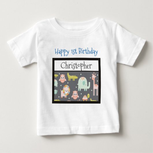Happy First Birthday Safari Animals Muster Baby T-shirt (Vorderseite)