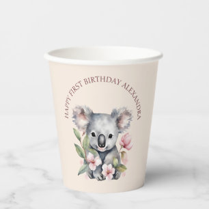 Happy First Birthday Watercolor Koala Pappbecher